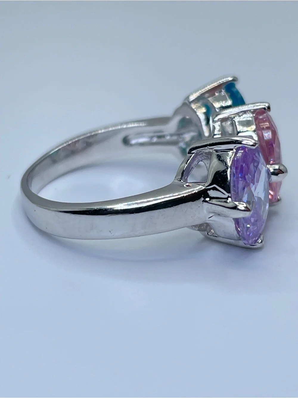 Swarovski Crystal Elements 3 Stone Silver Ring Pink Blue Purple Sz 7 Statement